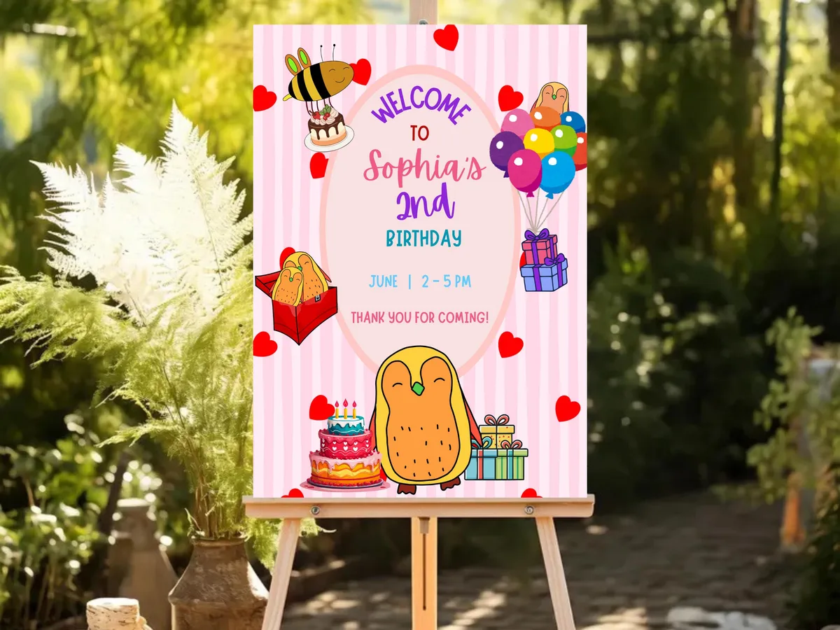 Penguin & Bee Birthday Welcome Sign — editable Canva template