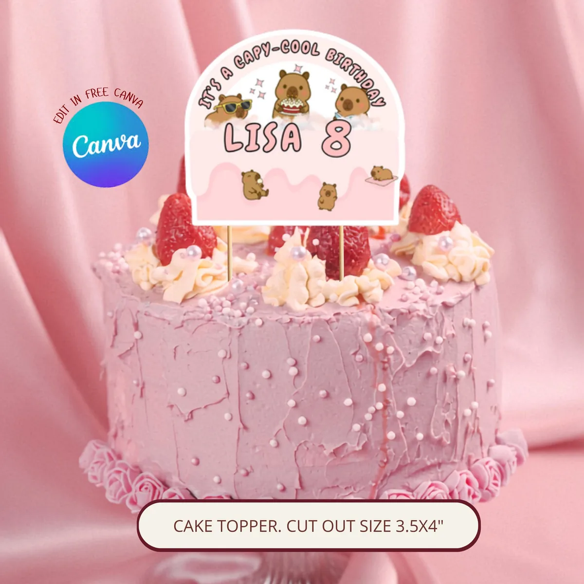 Capy-Cool Birthday Cake Topper — editable Canva template