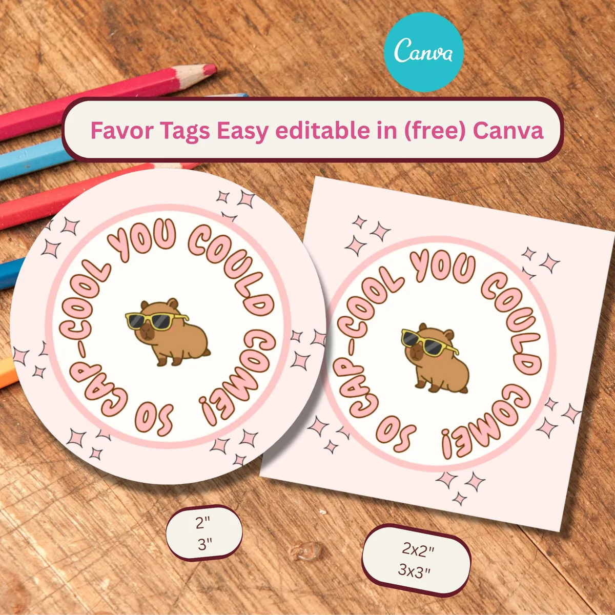 Kawaii Capybara Birthday Favor Tags — editable Canva template