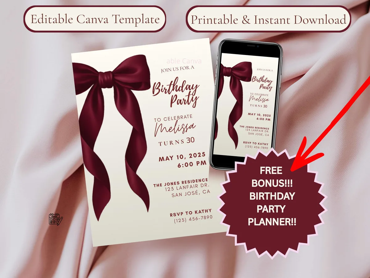 Coquette Red Bow Birthday Invitation  — editable Canva template