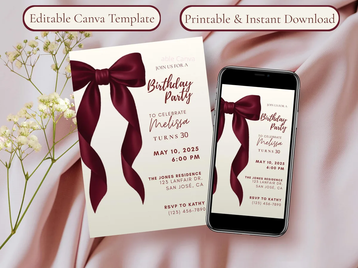 Coquette Red Bow Birthday Invitation  — preview 2
