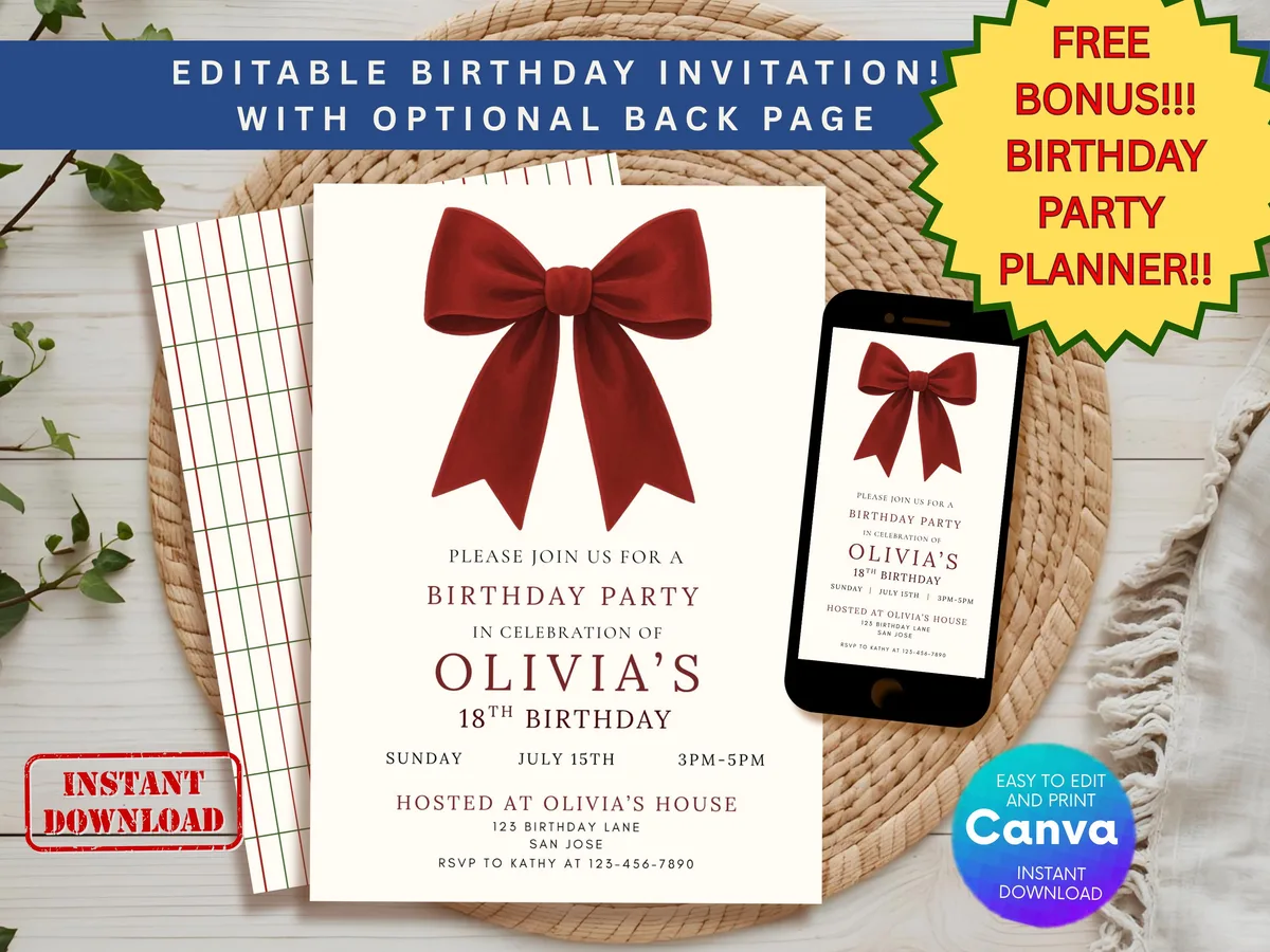 Coquette Red Bow Birthday Invitation — editable Canva template