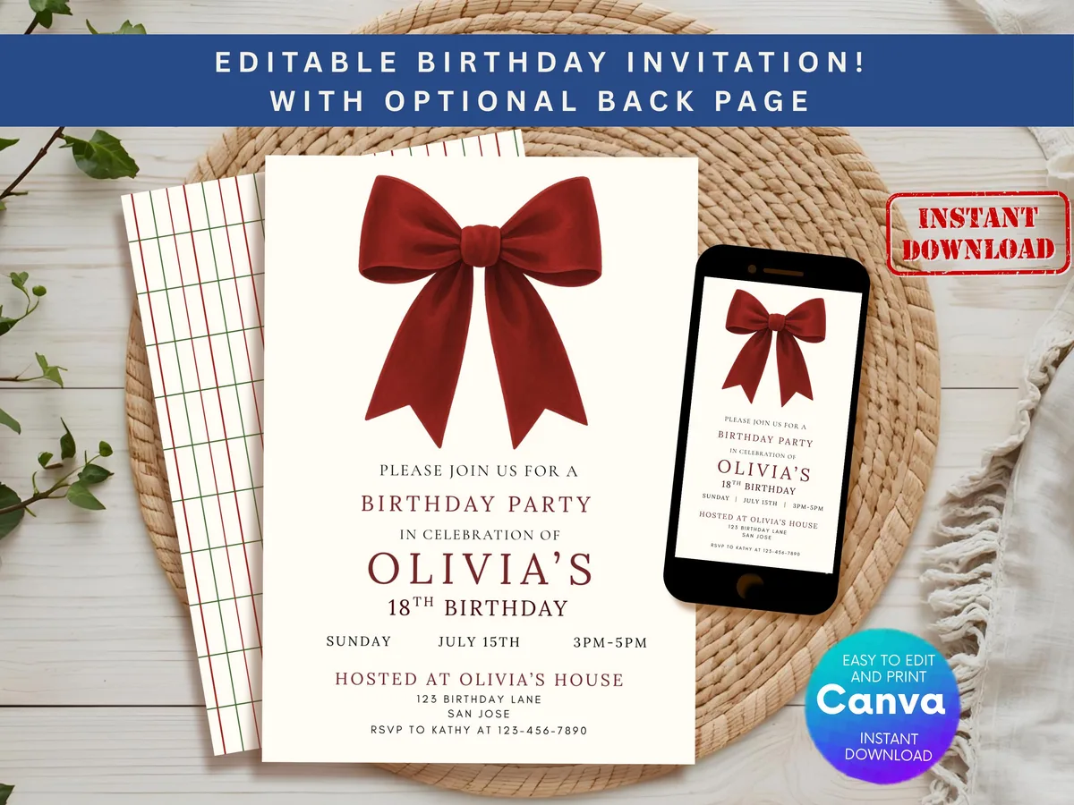 Coquette Red Bow Birthday Invitation — preview 2
