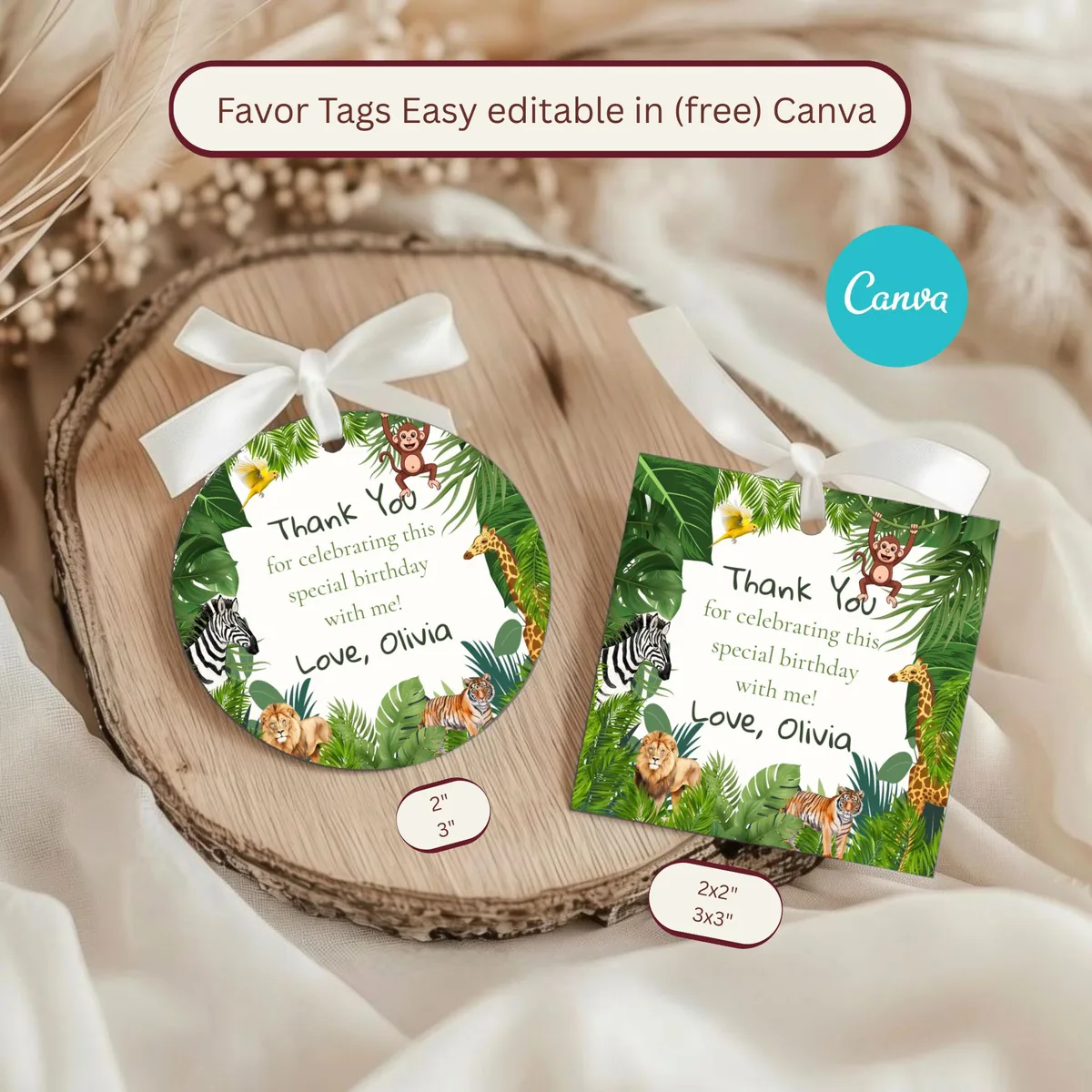 Wild One Safari Birthday Favor Tags — editable Canva template