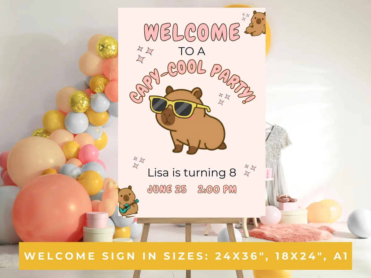 Capybara Birthday Welcome Sign — editable Canva template