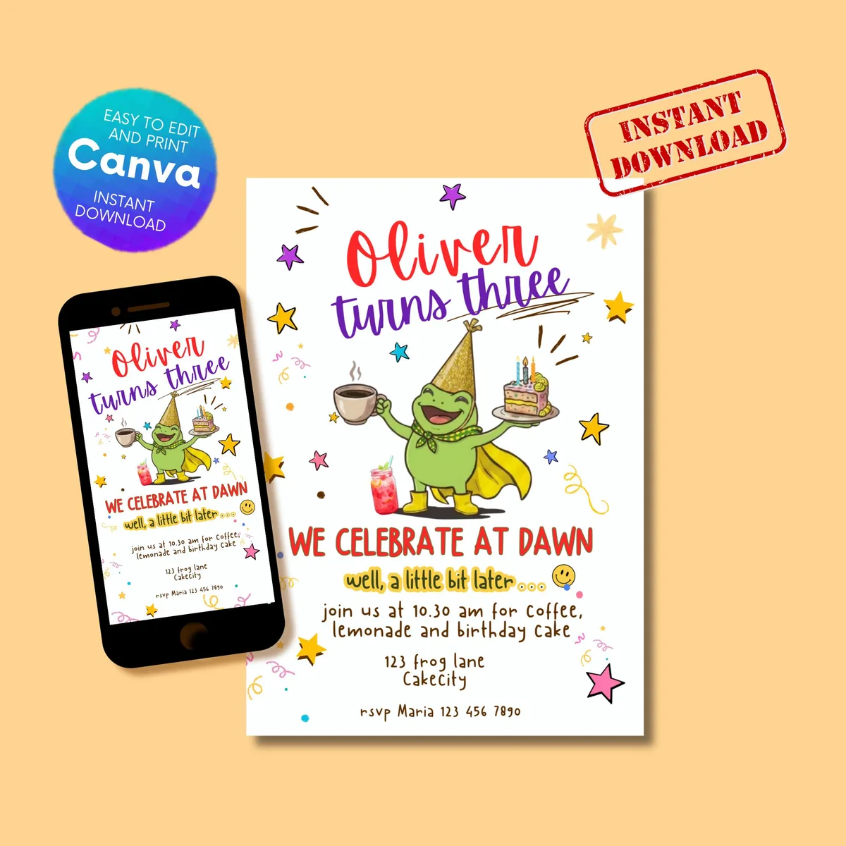 Frog Birthday Invitation — Gender Neutral — editable Canva template