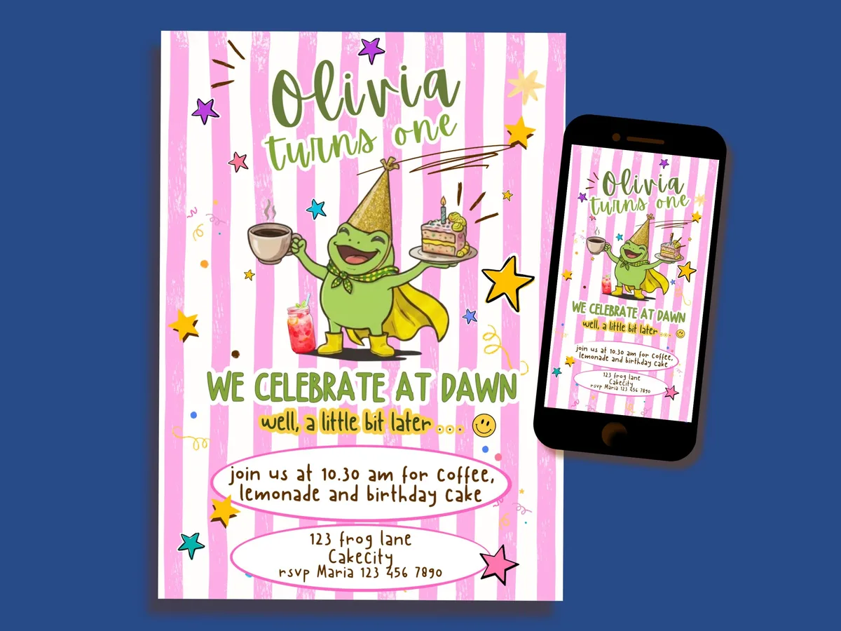 Frog First Birthday Invitation — editable Canva template