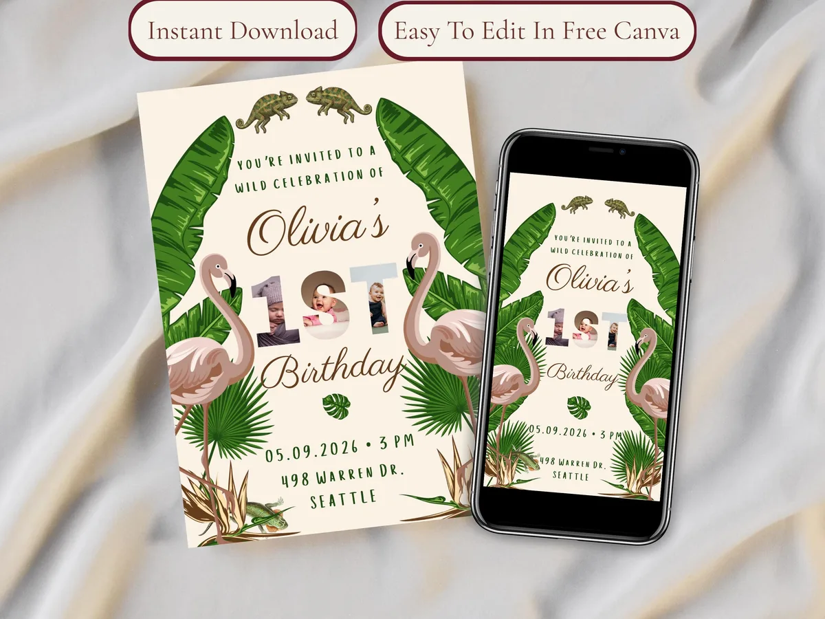 Jungle First Birthday Invitation — editable Canva template