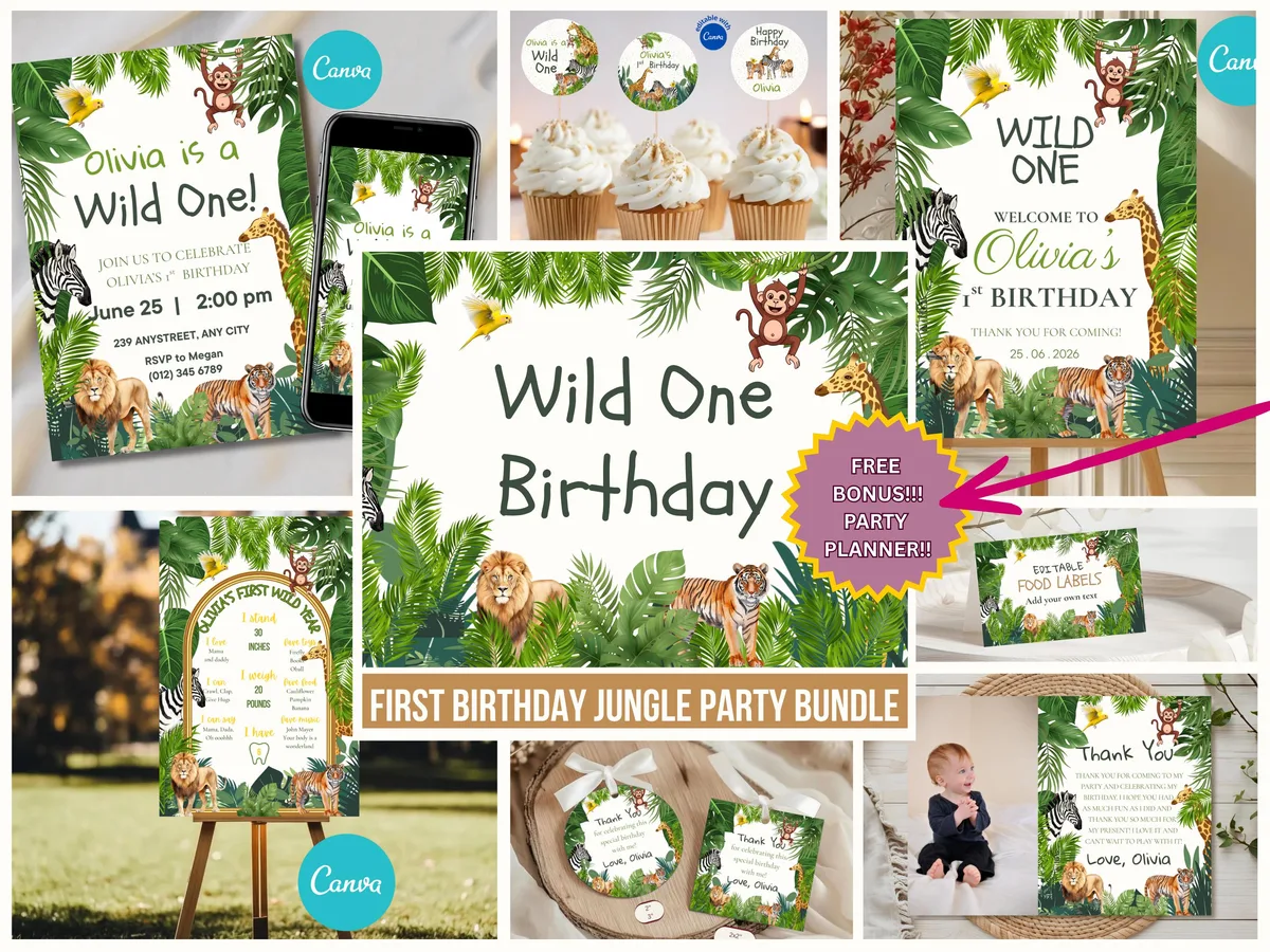 Wild One Birthday Party Bundle — editable Canva template