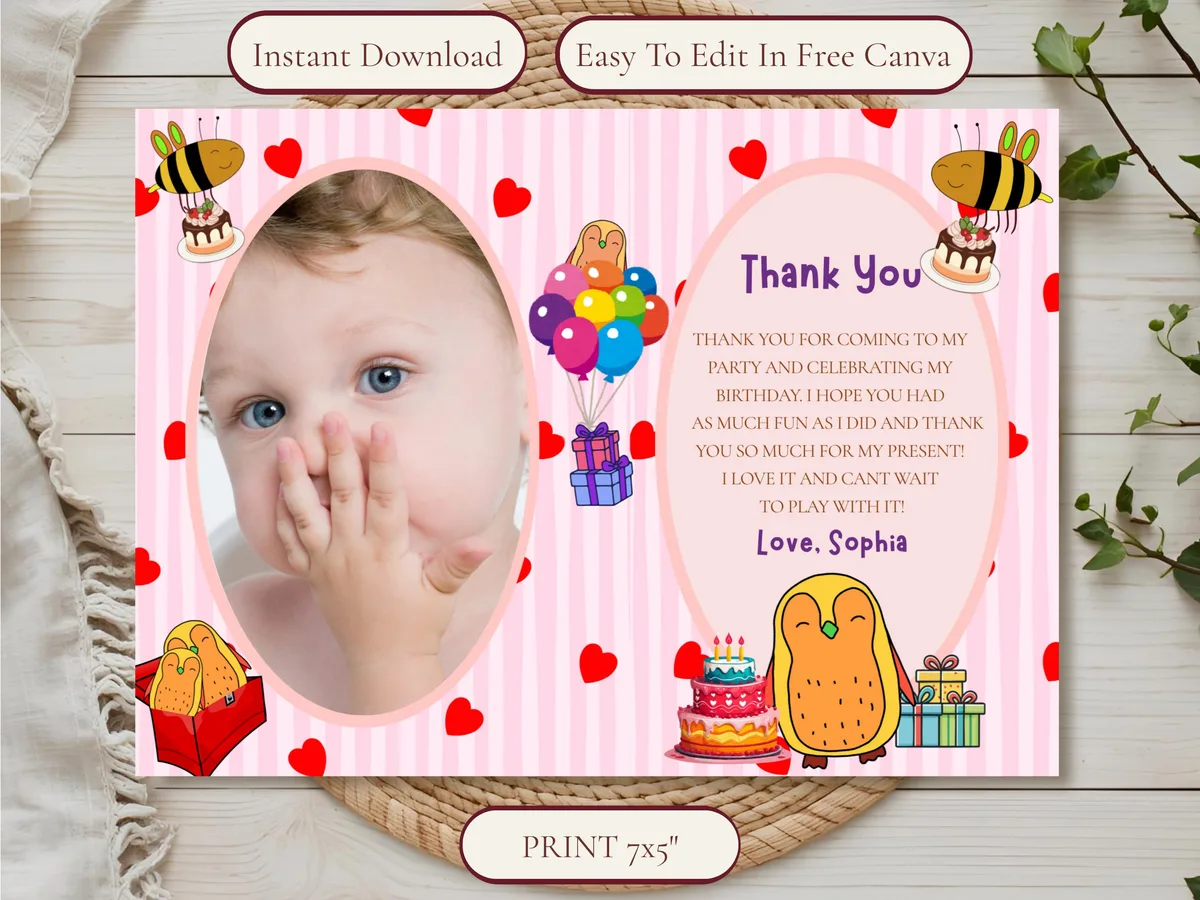 Colorful Birthday Thank You Card — editable Canva template