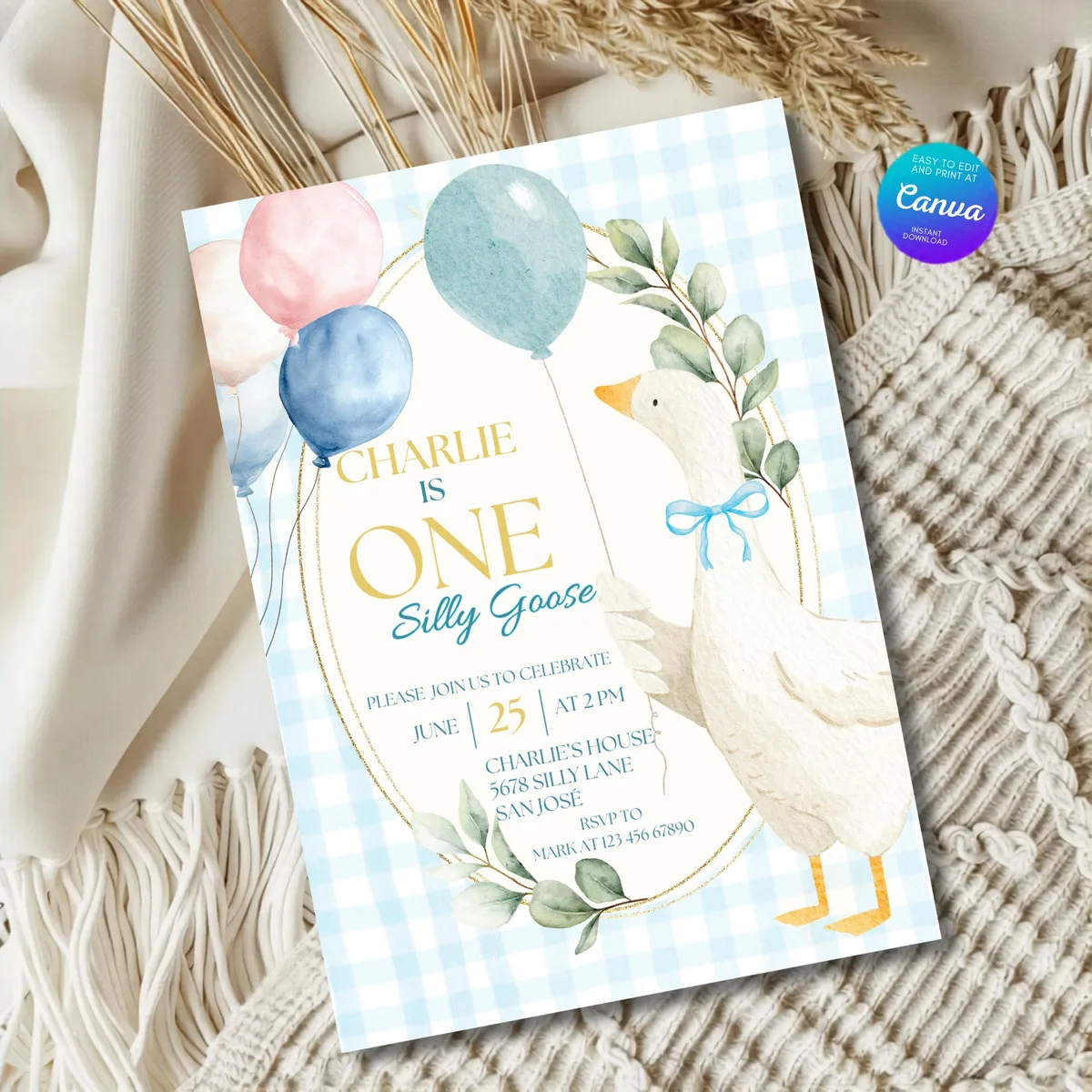 Silly Goose Birthday Invitation — Blue — preview 2