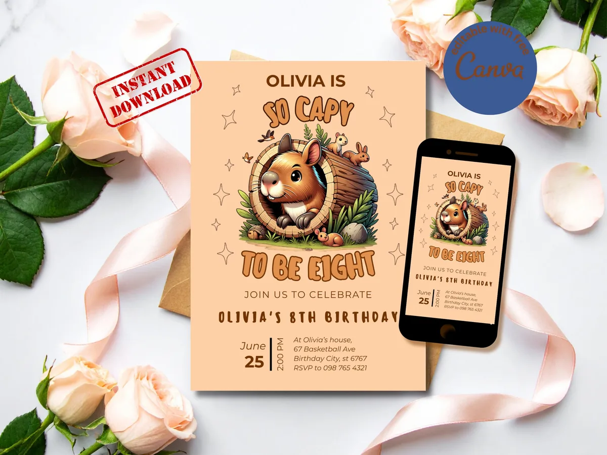 So Capy to Be Eight Birthday Invitation — editable Canva template