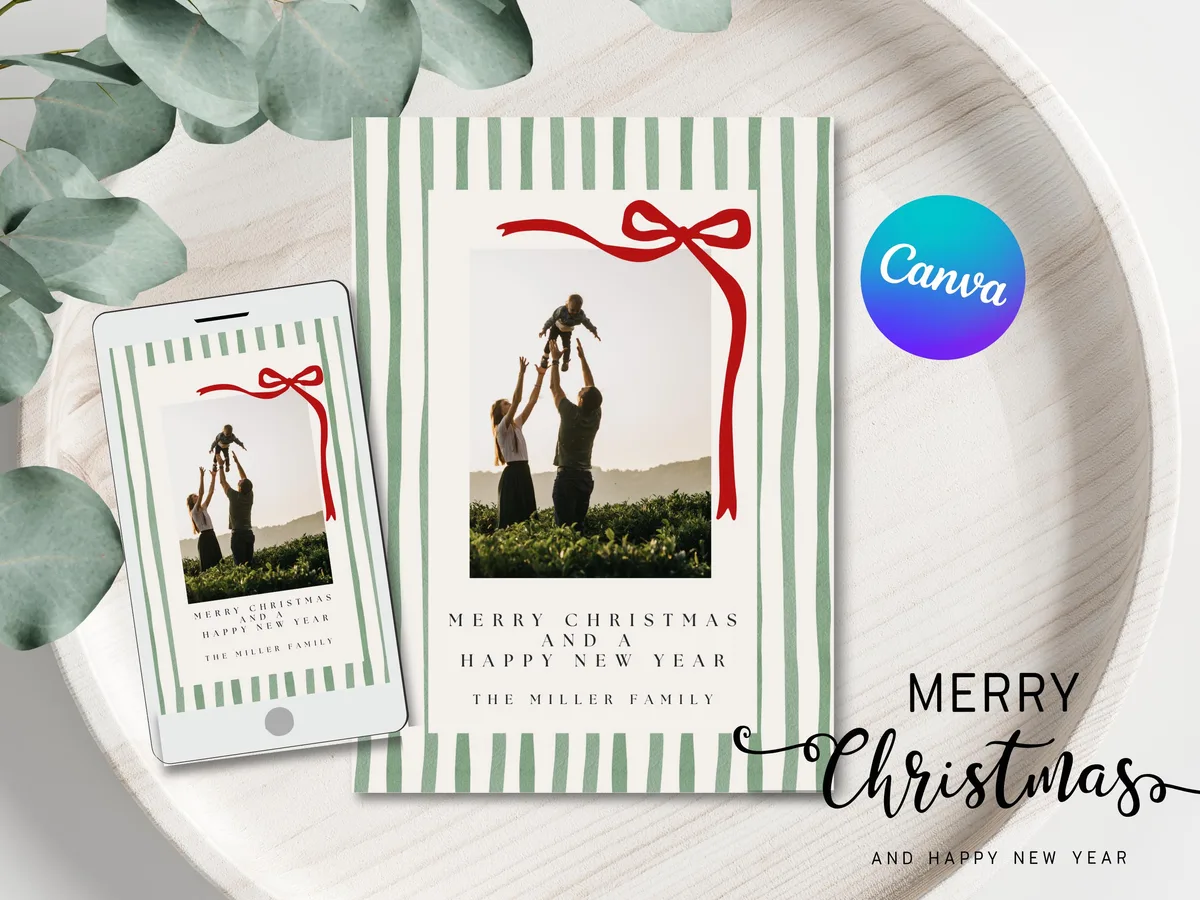Striped Merry Christmas Holiday Card — editable Canva template