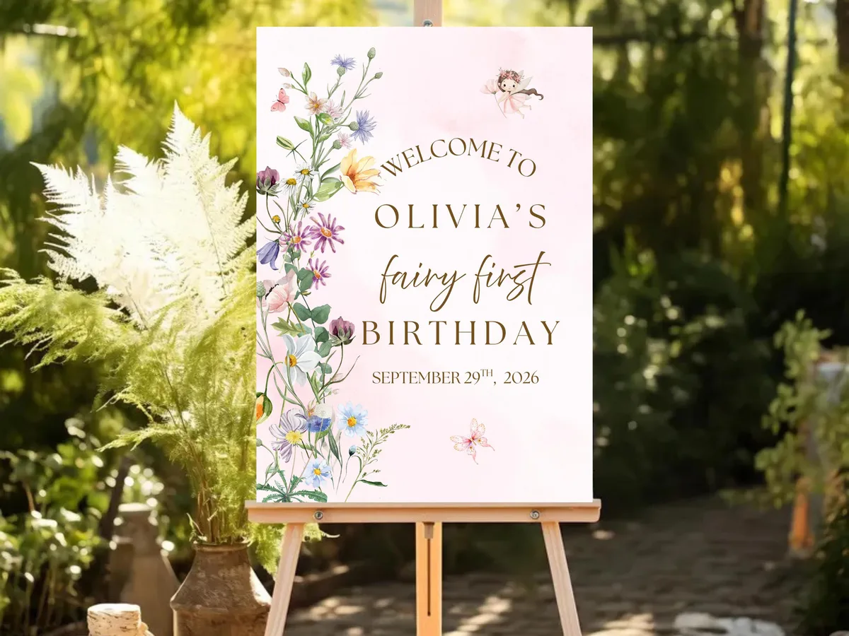 Fairy First Garden Birthday Welcome Sign — editable Canva template
