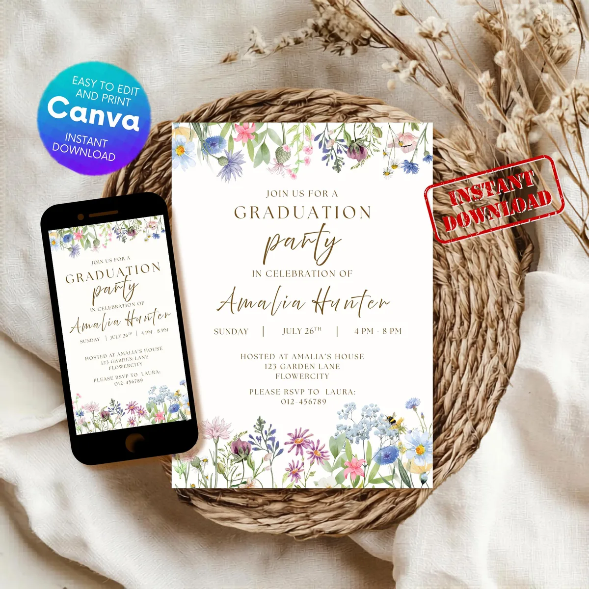 Wildflower Graduation Party Invitation — editable Canva template