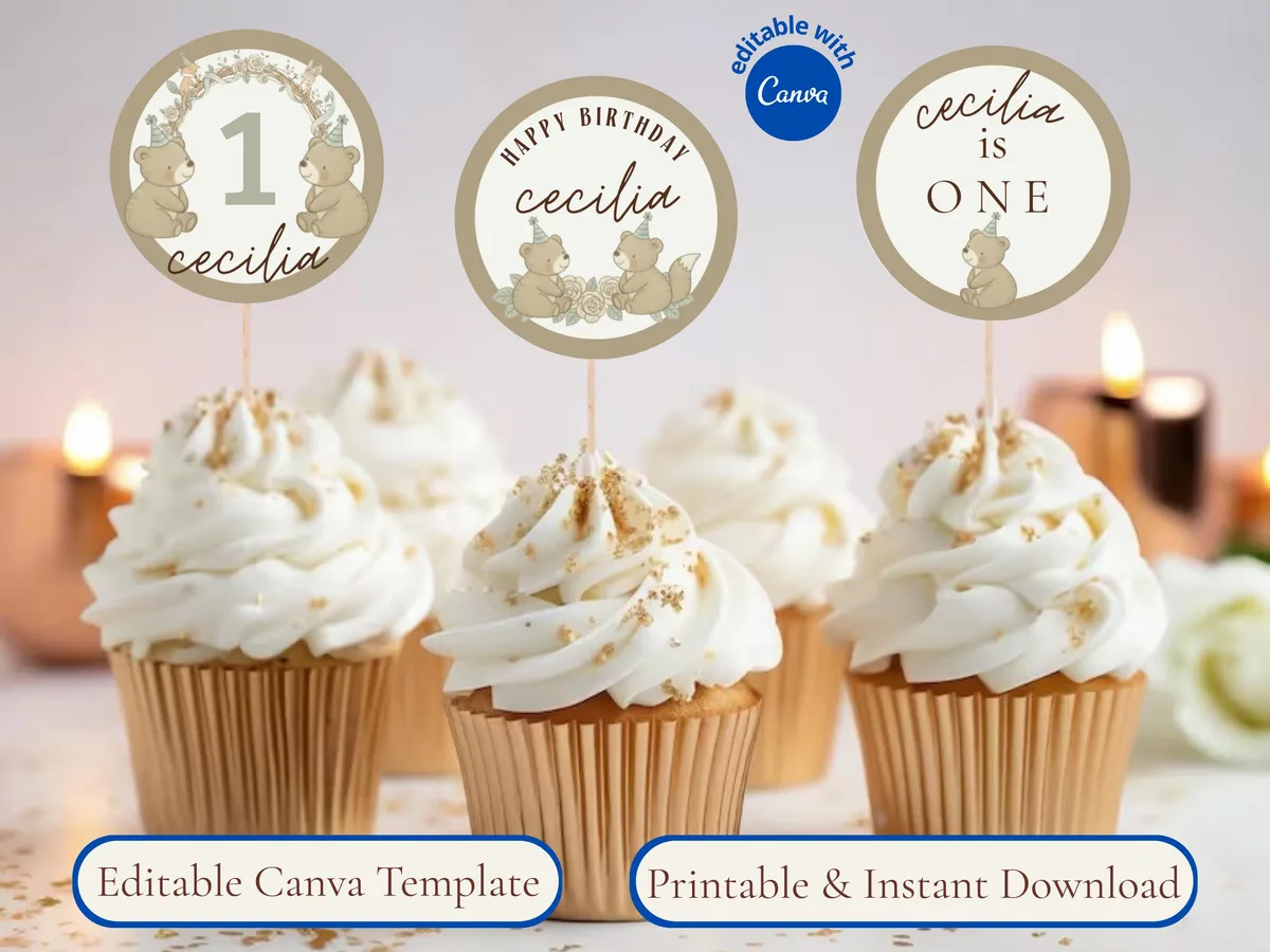 Woodland Fairytale Cupcake Toppers — editable Canva template