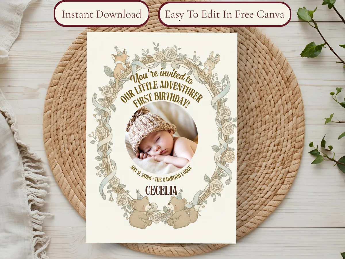 Woodland First Birthday Invitation — editable Canva template