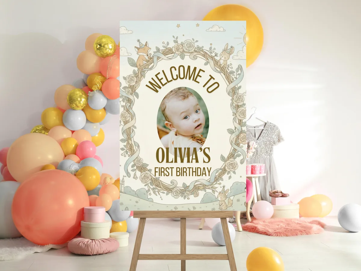 Whimsical First Birthday Welcome Sign — editable Canva template