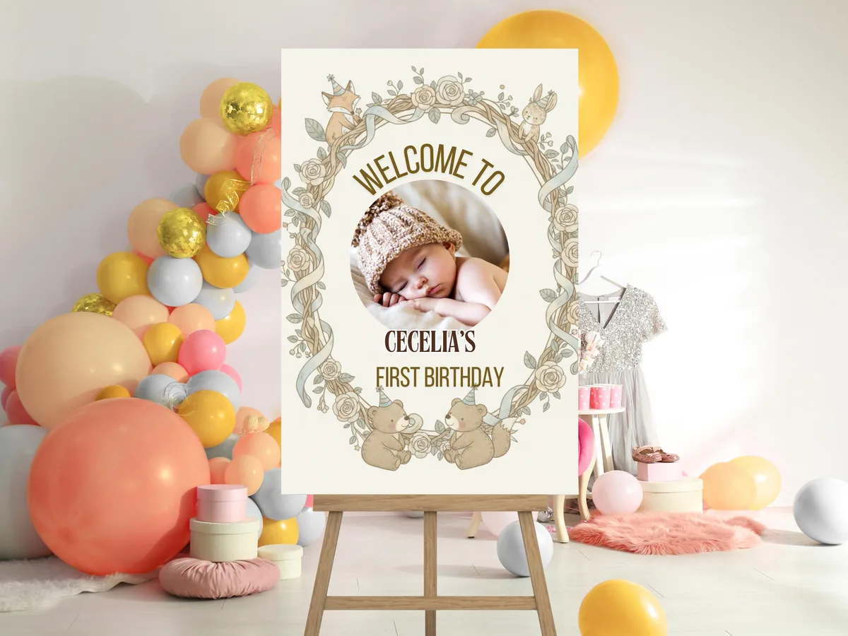 Woodland First Birthday Welcome Sign with Photo — editable Canva template