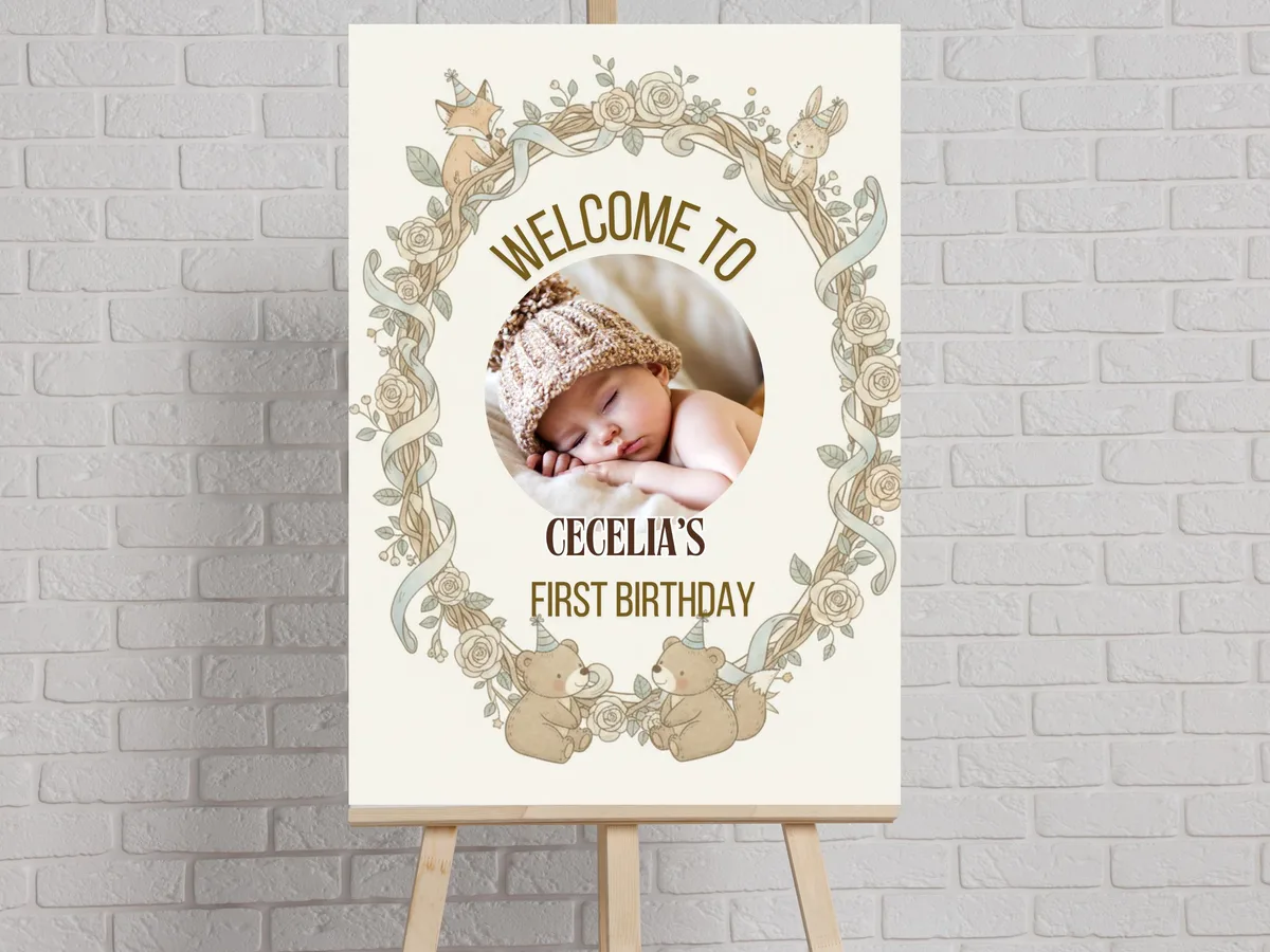 Woodland First Birthday Welcome Sign with Photo — preview 3