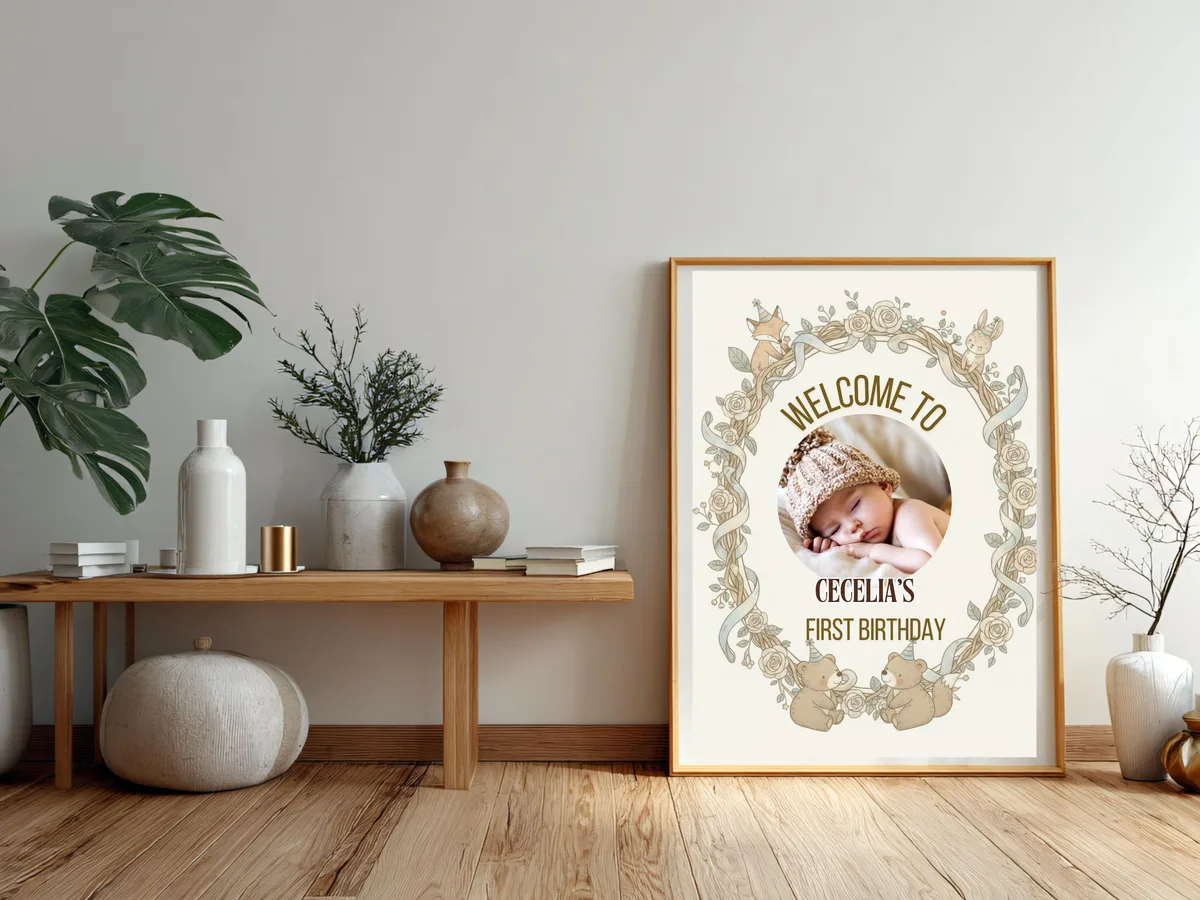 Woodland First Birthday Welcome Sign with Photo — preview 4