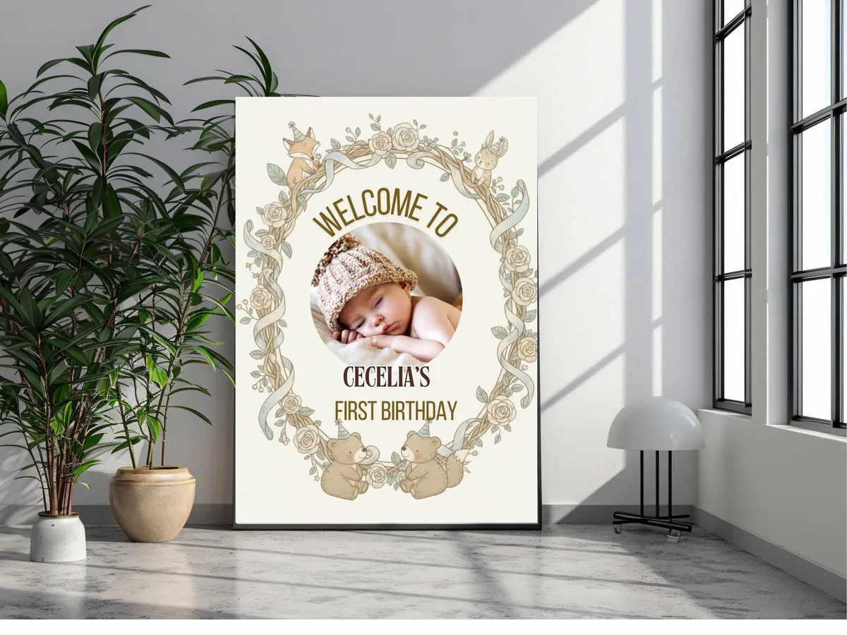 Woodland First Birthday Welcome Sign with Photo — preview 5